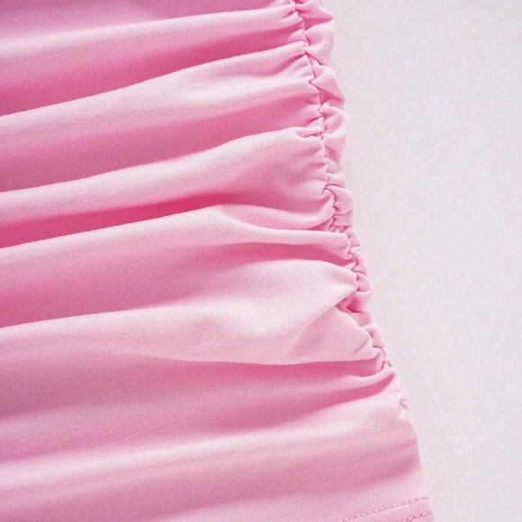 Pink Casual Women's Solid Color Pleated And 3D Flower Decorated Strapless Dress - Picture 4 of 6